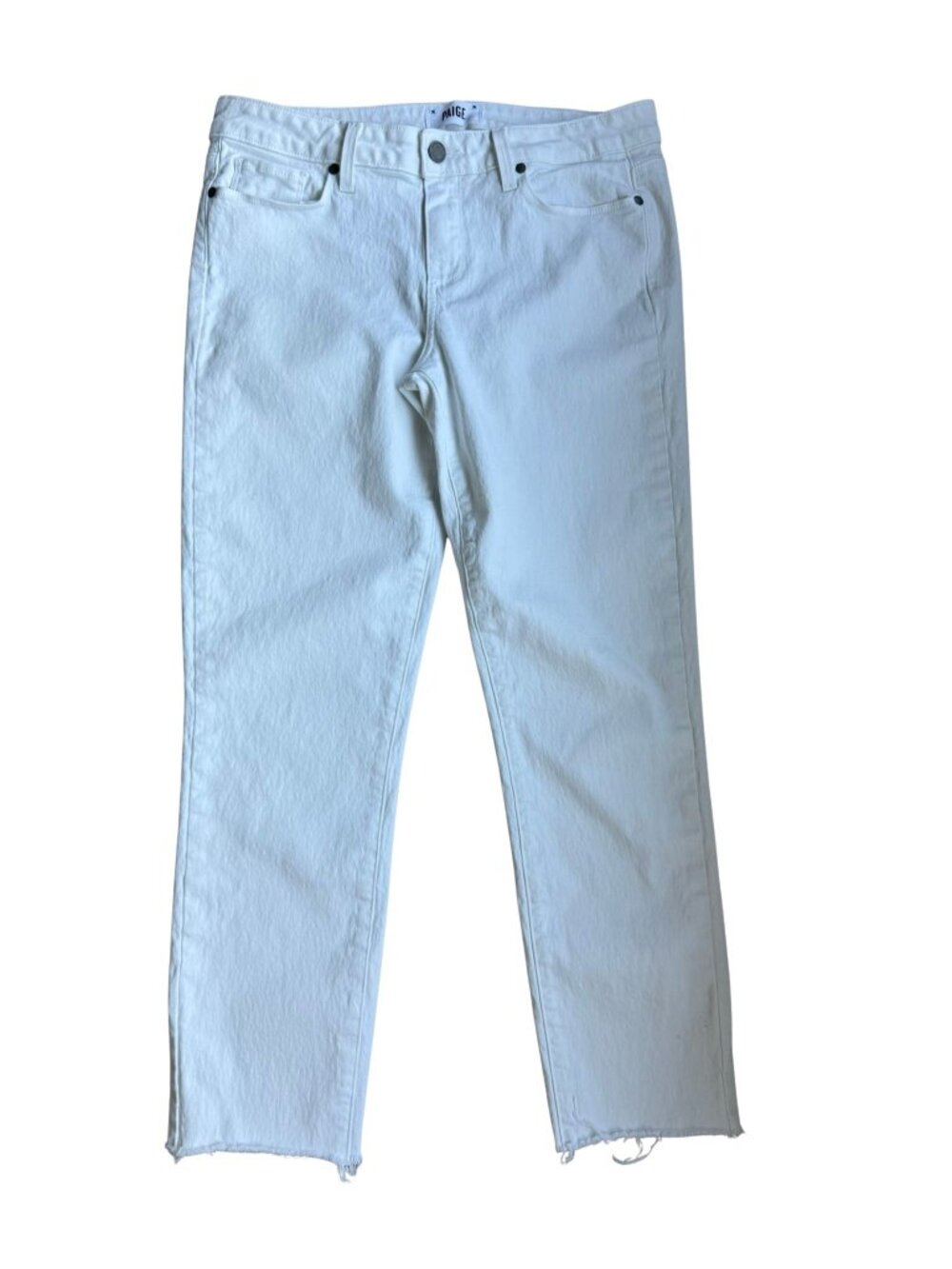 PAIGE White Straight Slim Jeans Womens 31 Raw Hem High Rise Denim Made US